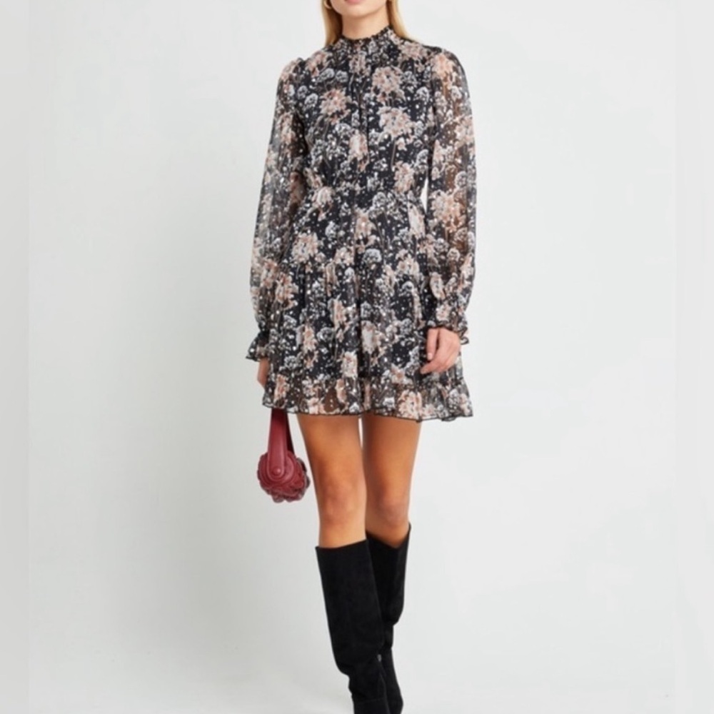 O.P.T. Lluvia Mini Dress Long‎ Sheer Sleeves Floral Silver Dot Mini Smocked
